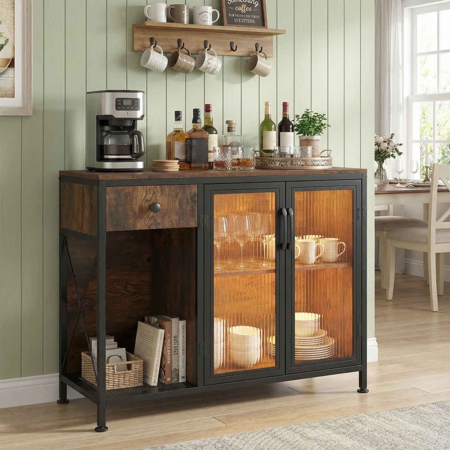 Buffet Sideboard with Doors Power Outlets and LED Light