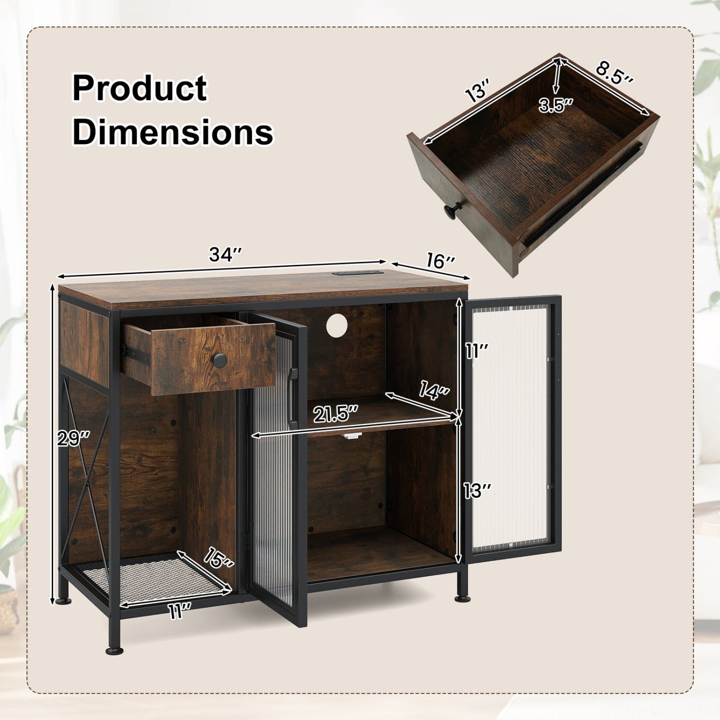 Buffet Sideboard with Doors Power Outlets and LED Light