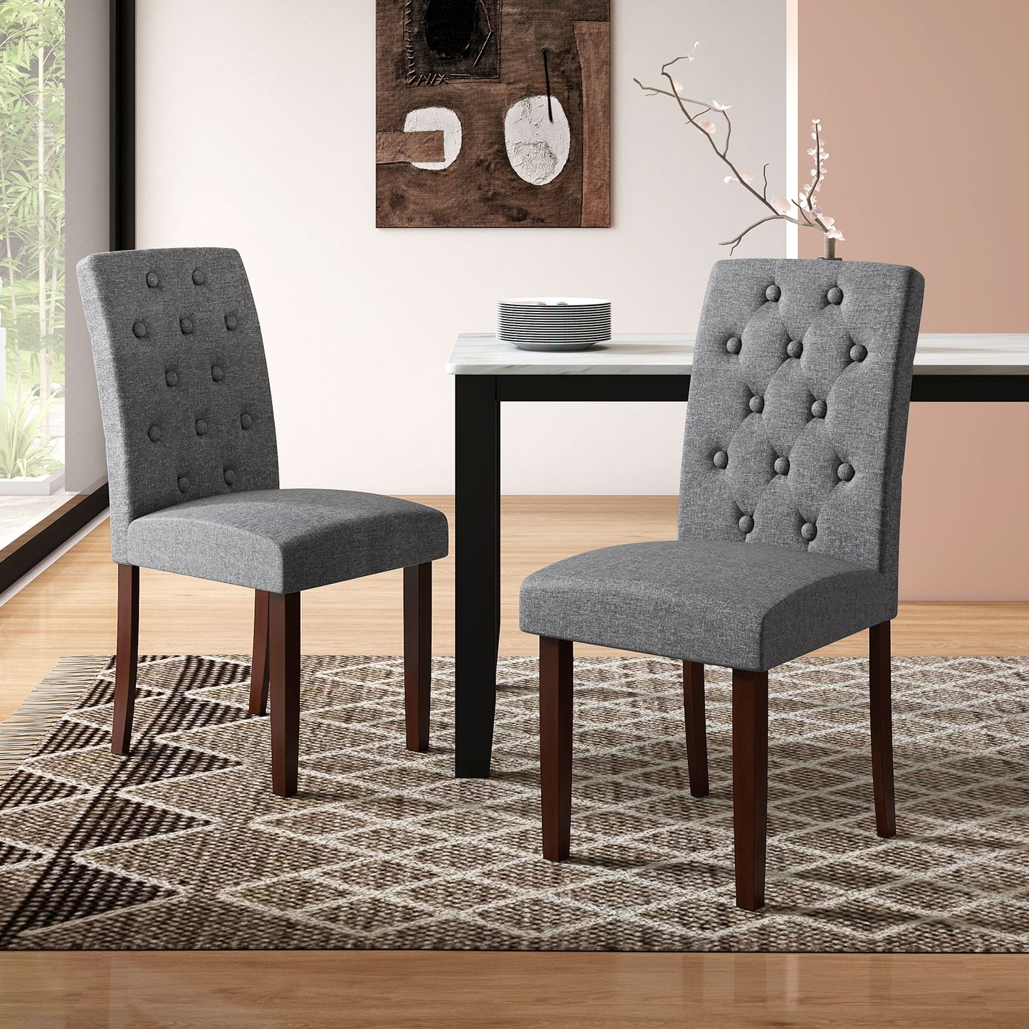 Upholstered Dining Chairs Set of 2 with Button Tufted Back