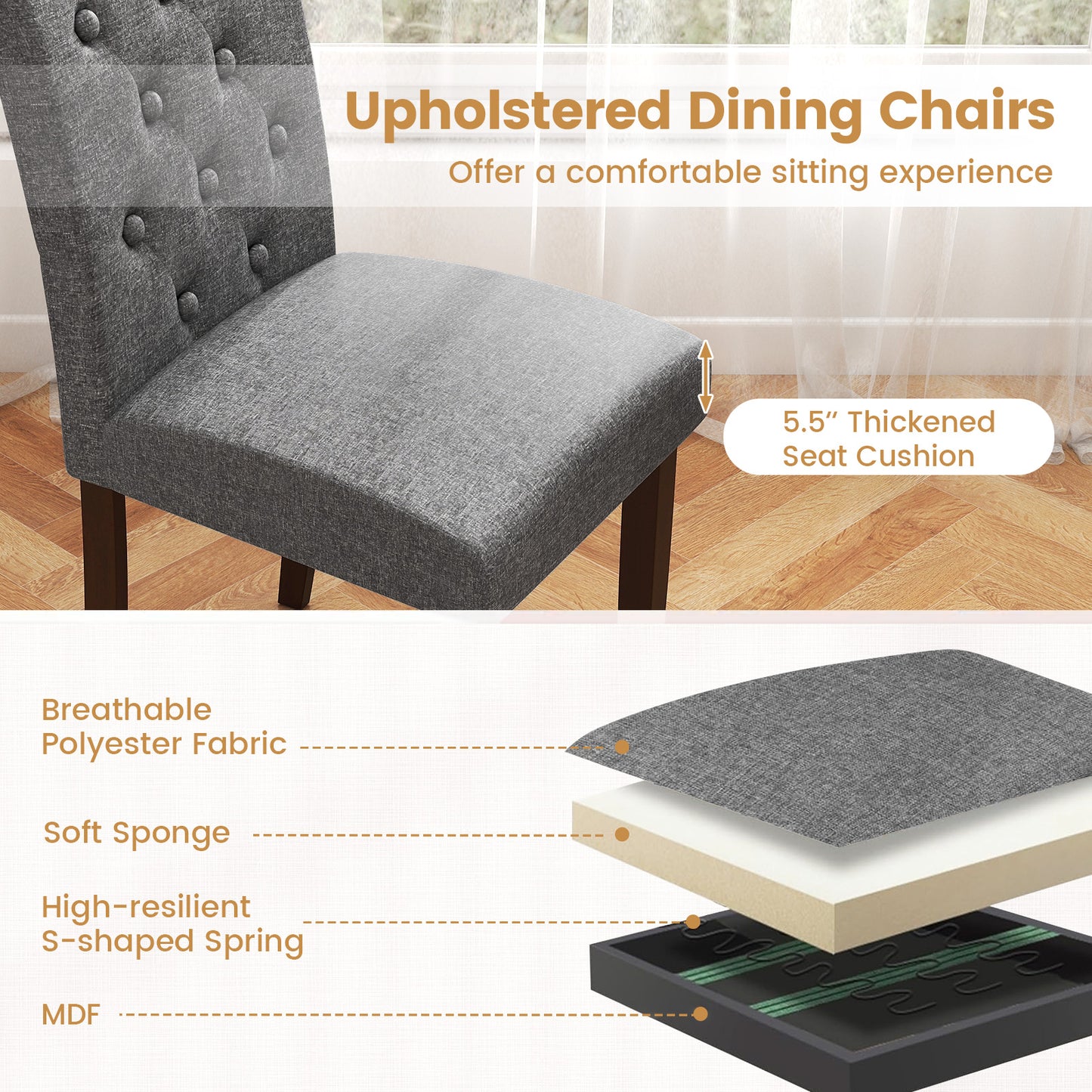 Upholstered Dining Chairs Set of 2 with Button Tufted Back