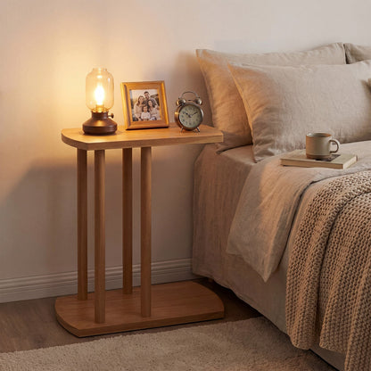Narrow 2-Tier C-shaped Teak Wood Side Table with Thickened Top and Sturdy Base