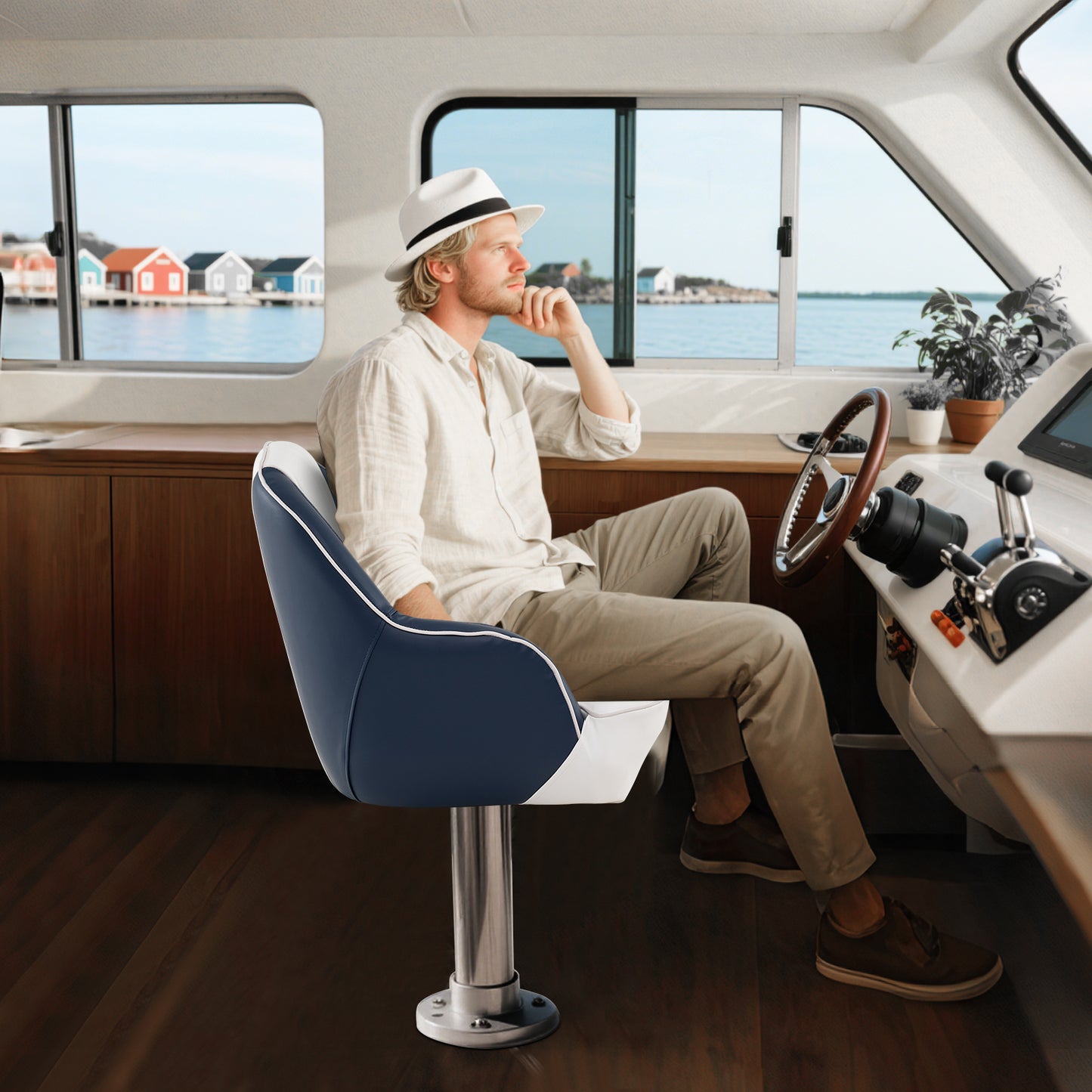 Pontoon Boat Captain Seat with Armrests - Blue & White