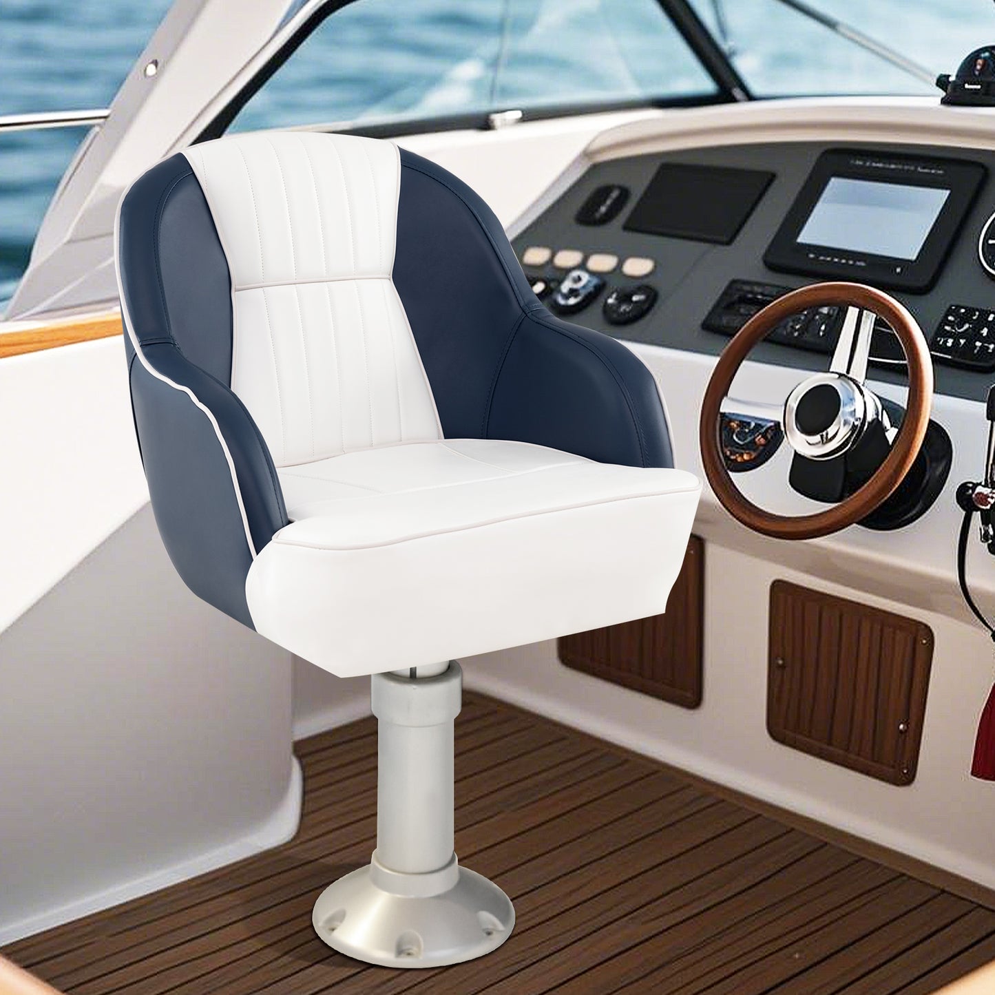 Pontoon Boat Captain Seat with Armrests - Blue & White