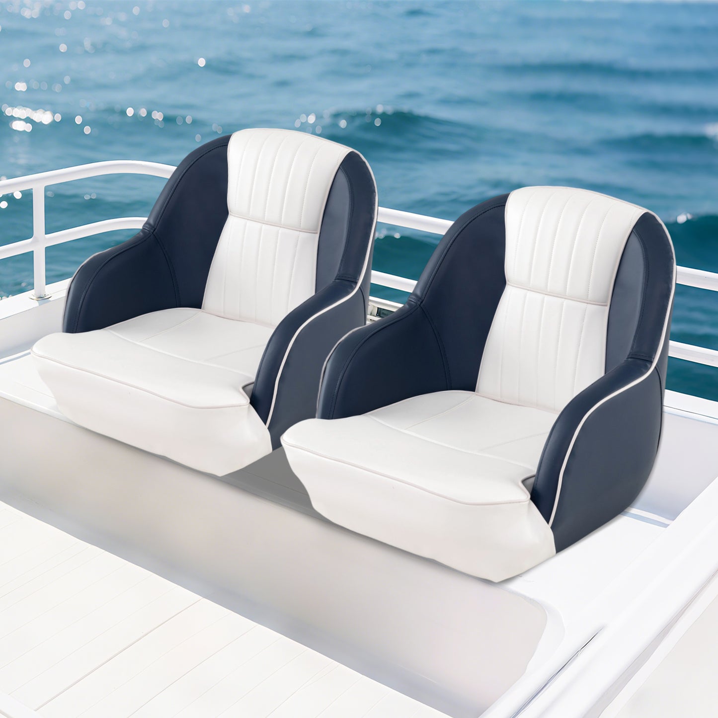 Pontoon Boat Captain Seat with Armrests - Blue & White