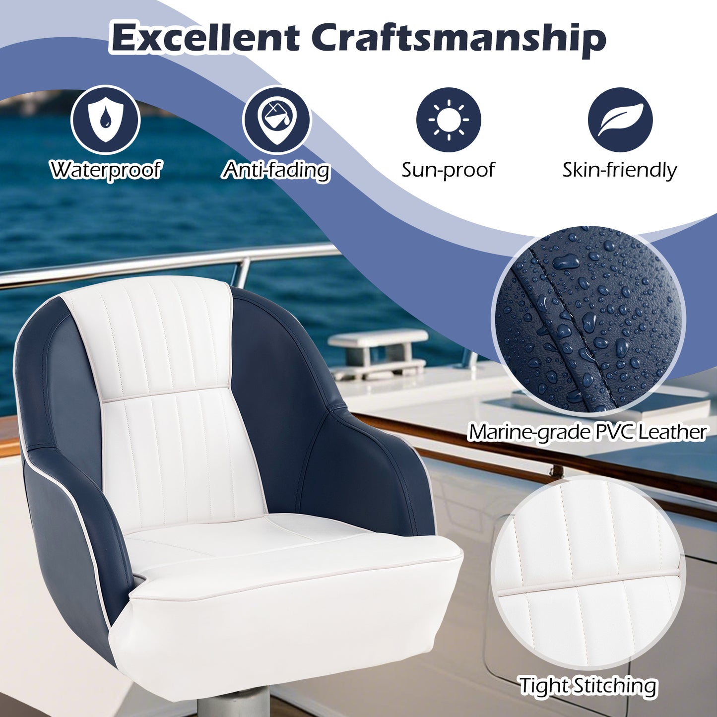 Pontoon Boat Captain Seat with Armrests - Blue & White