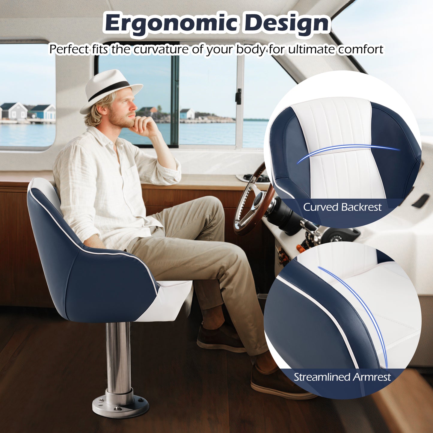Pontoon Boat Captain Seat with Armrests - Blue & White