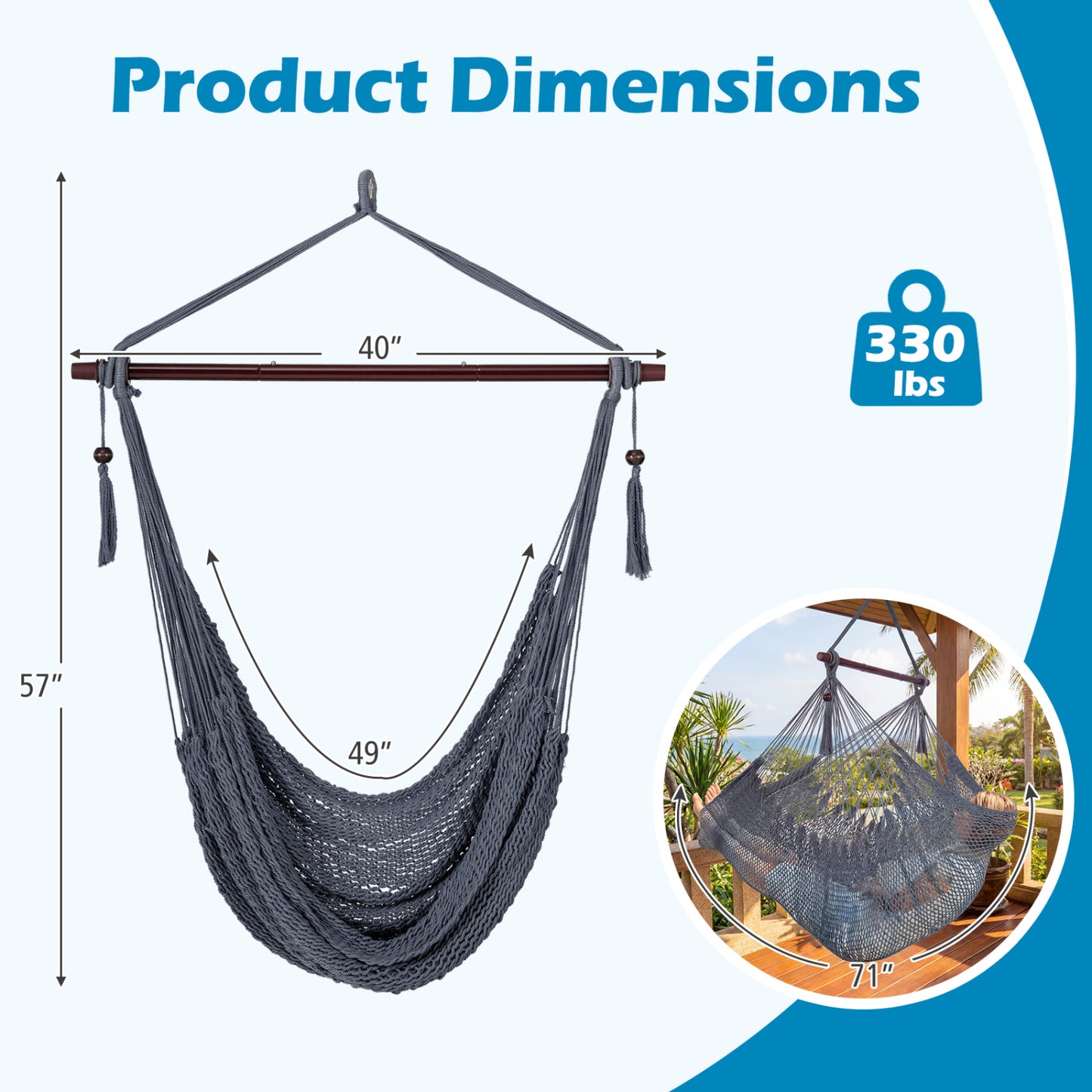 Caribbean Hammock Chair with Metal Spreader Bar & Rope Swing