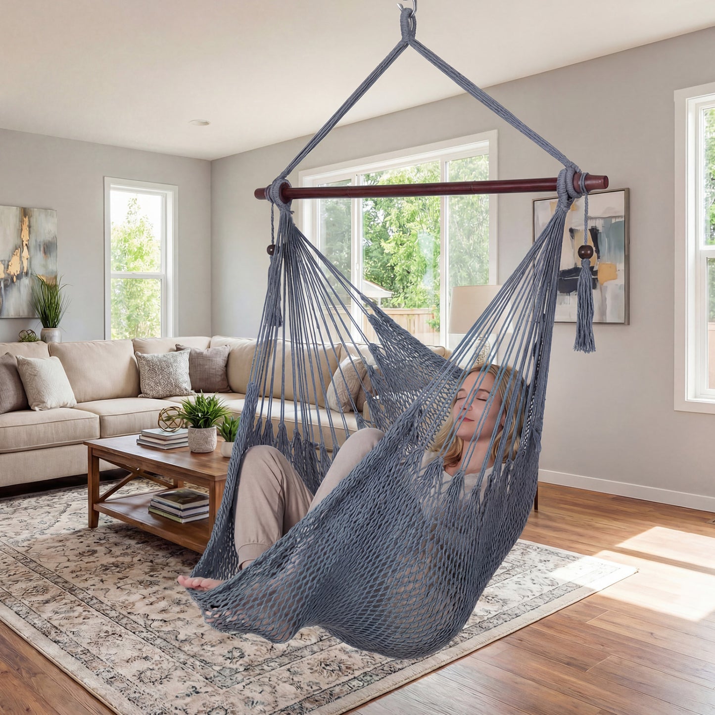 Caribbean Hammock Chair with Metal Spreader Bar & Rope Swing