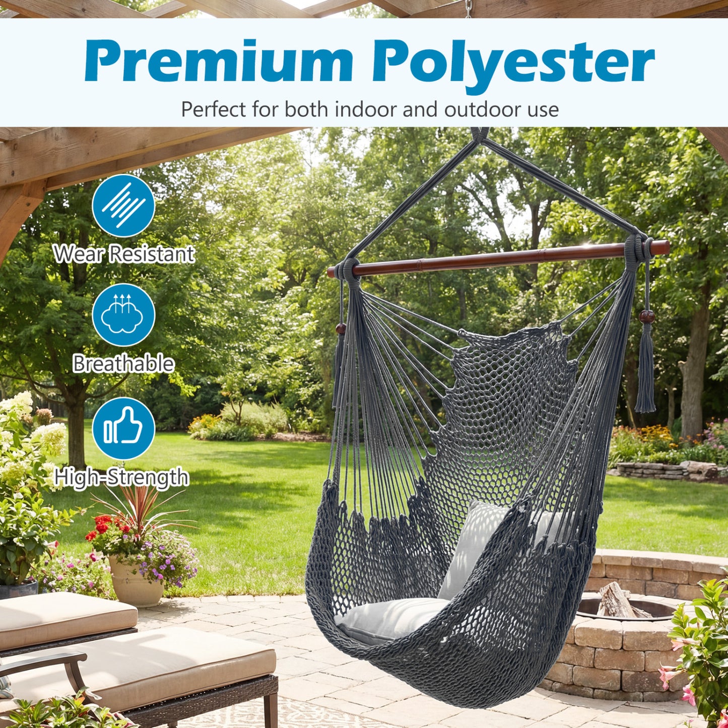 Caribbean Hammock Chair with Metal Spreader Bar & Rope Swing