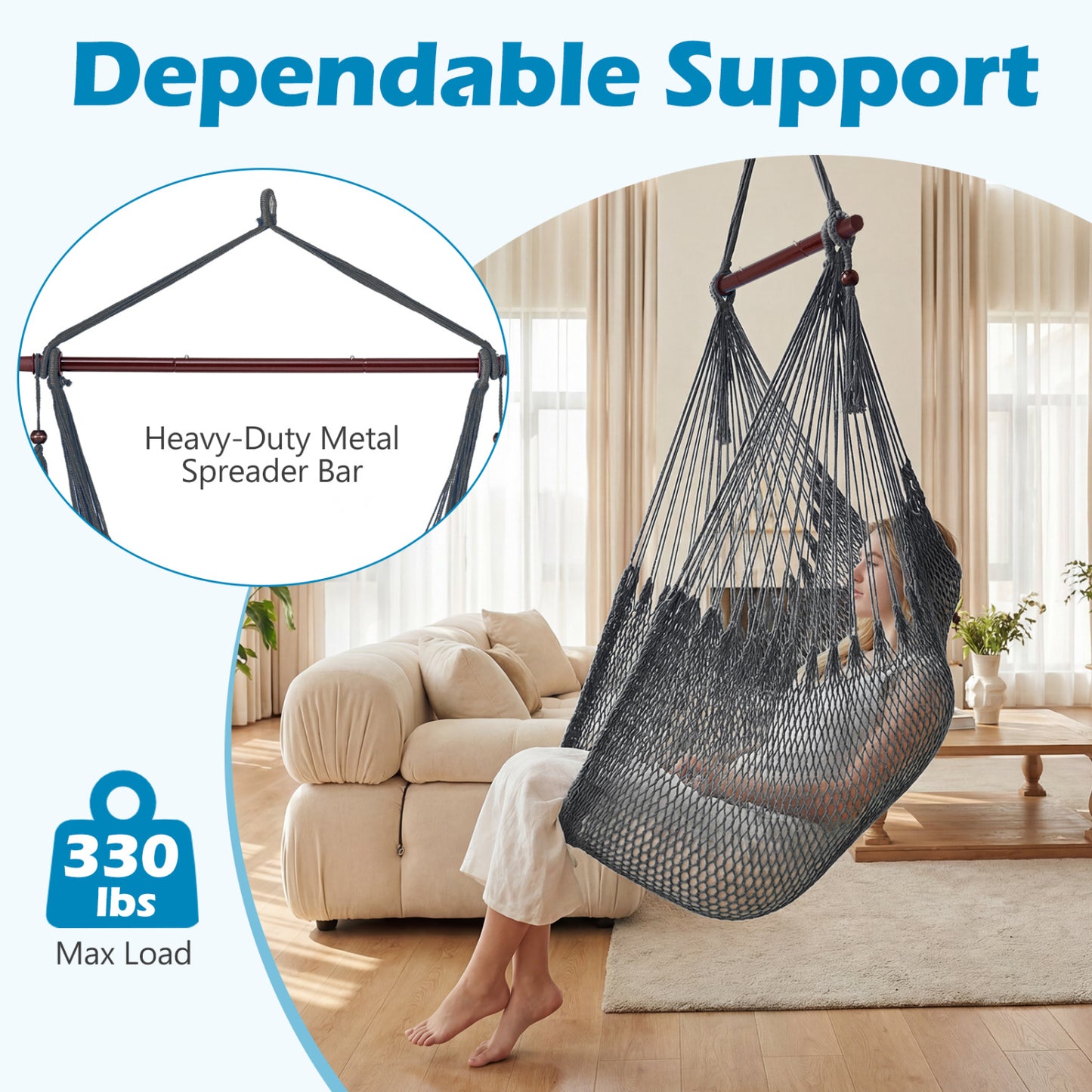 Caribbean Hammock Chair with Metal Spreader Bar & Rope Swing