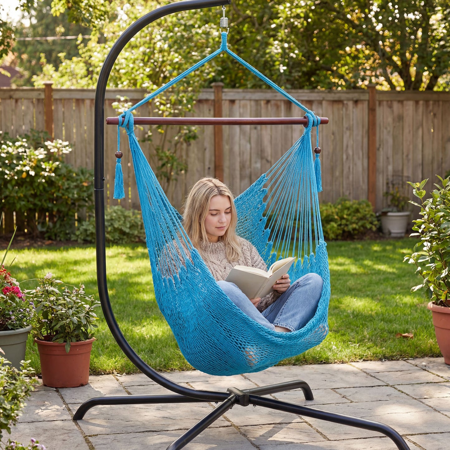 Caribbean Hammock Chair with Metal Spreader Bar & Rope Swing