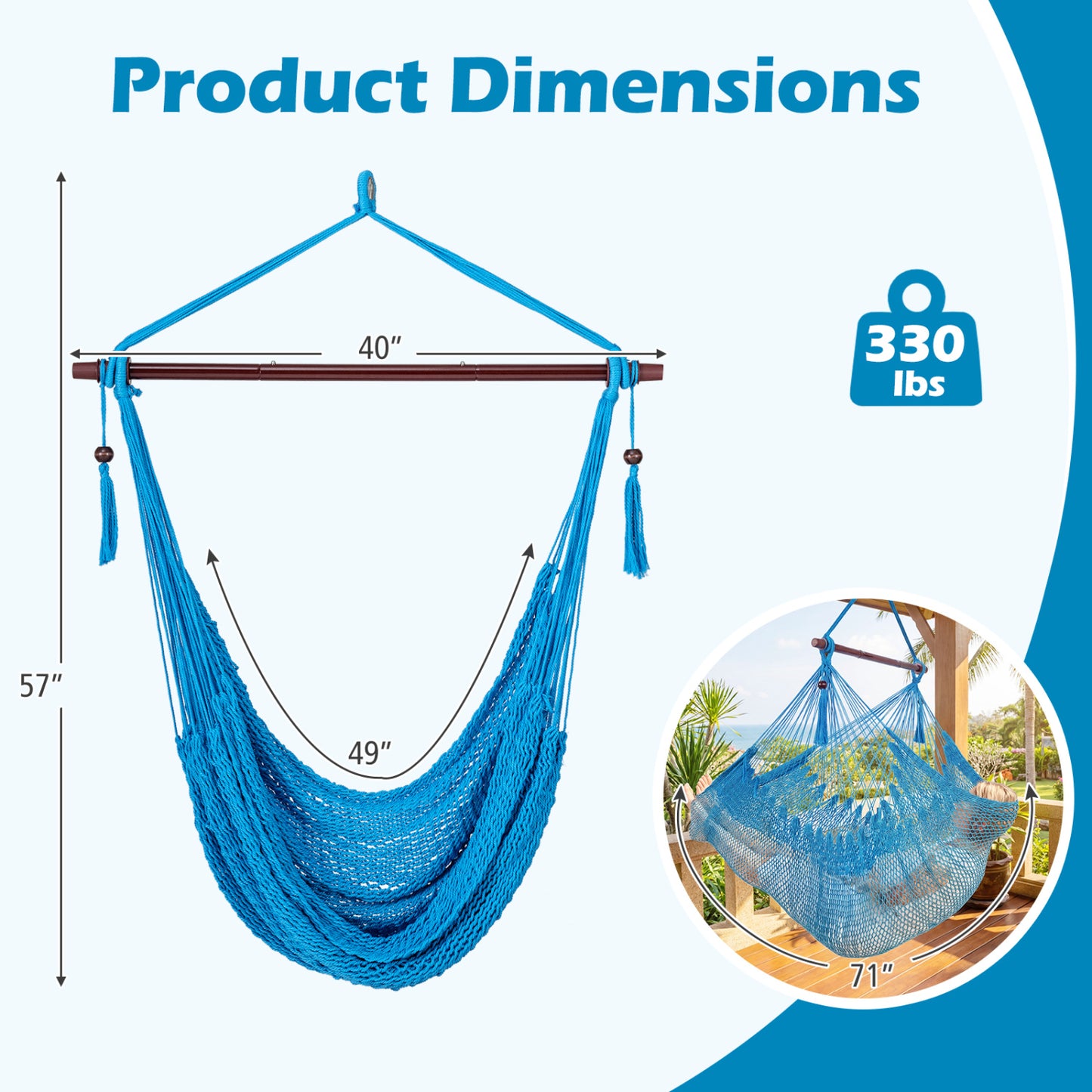 Caribbean Hammock Chair with Metal Spreader Bar & Rope Swing