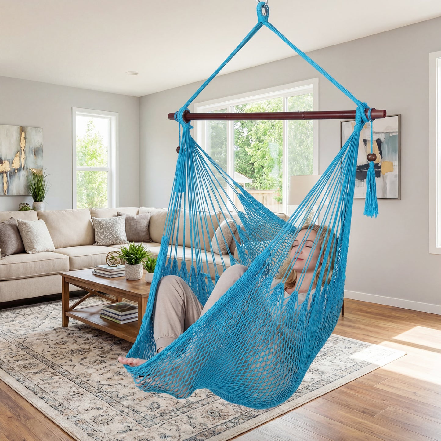 Caribbean Hammock Chair with Metal Spreader Bar & Rope Swing