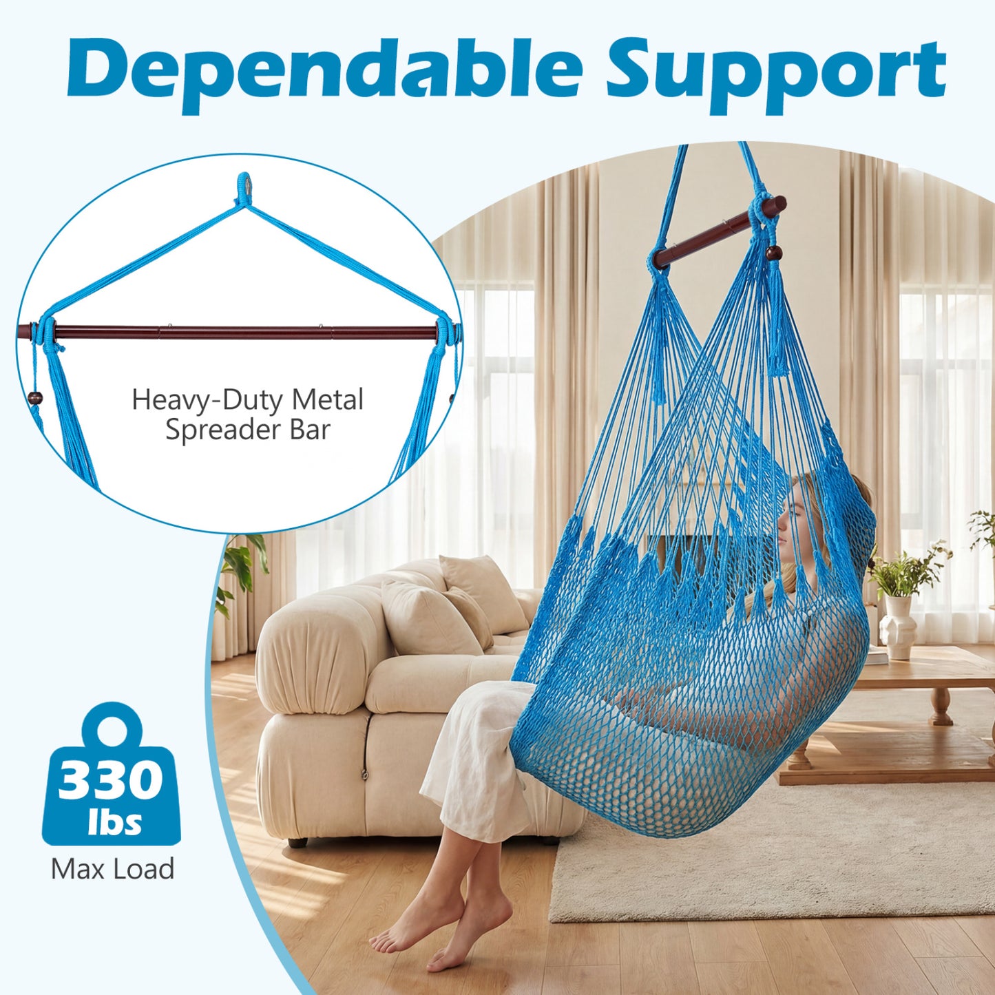 Caribbean Hammock Chair with Metal Spreader Bar & Rope Swing