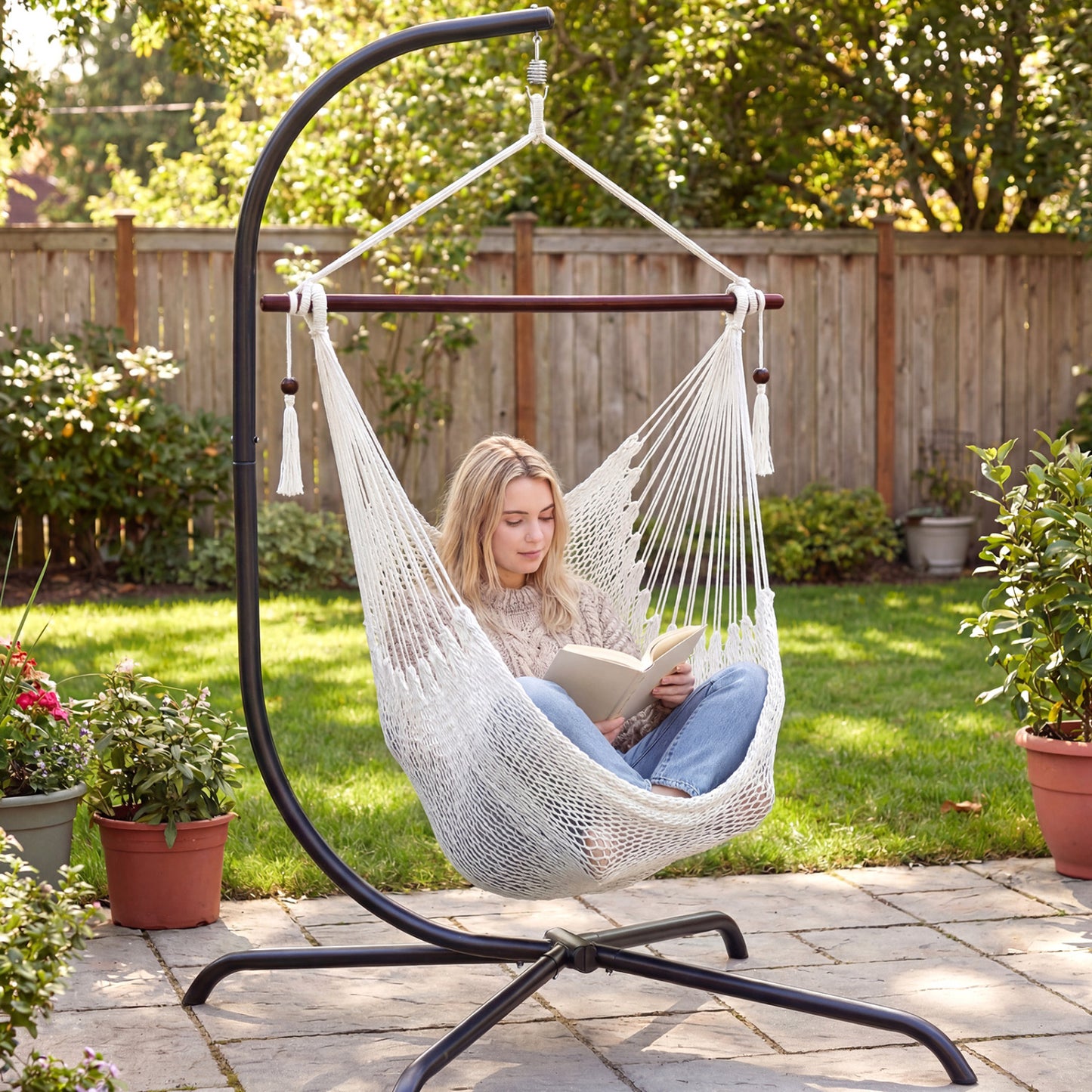Caribbean Hammock Chair with Metal Spreader Bar & Rope Swing