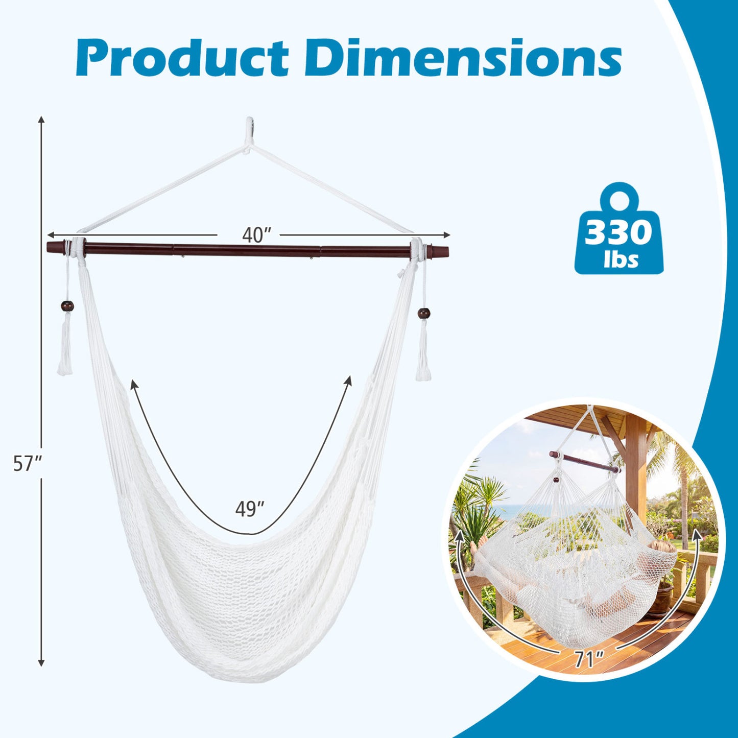 Caribbean Hammock Chair with Metal Spreader Bar & Rope Swing