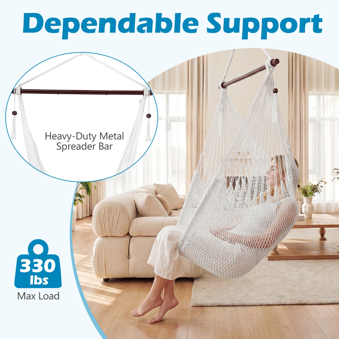 Caribbean Hammock Chair with Metal Spreader Bar & Rope Swing