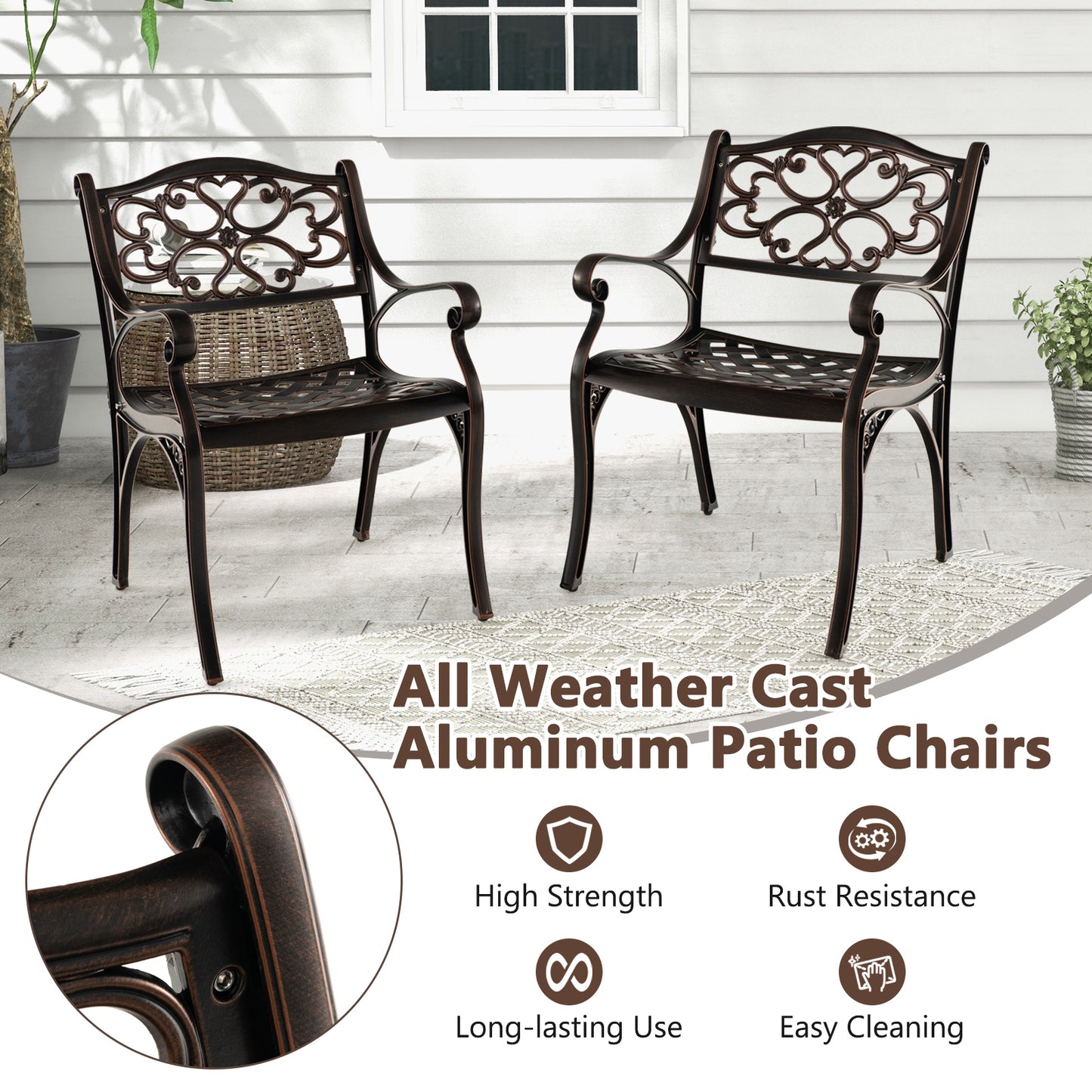 Cast Aluminum Patio Dining Chairs Set of 2 with Armrests