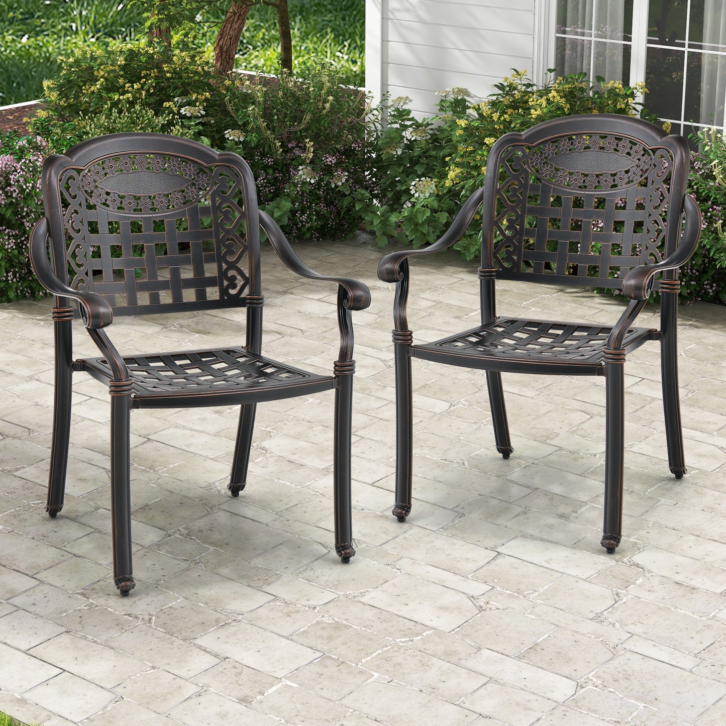Cast Aluminum Patio Dining Chairs with Armrests, Set of 2