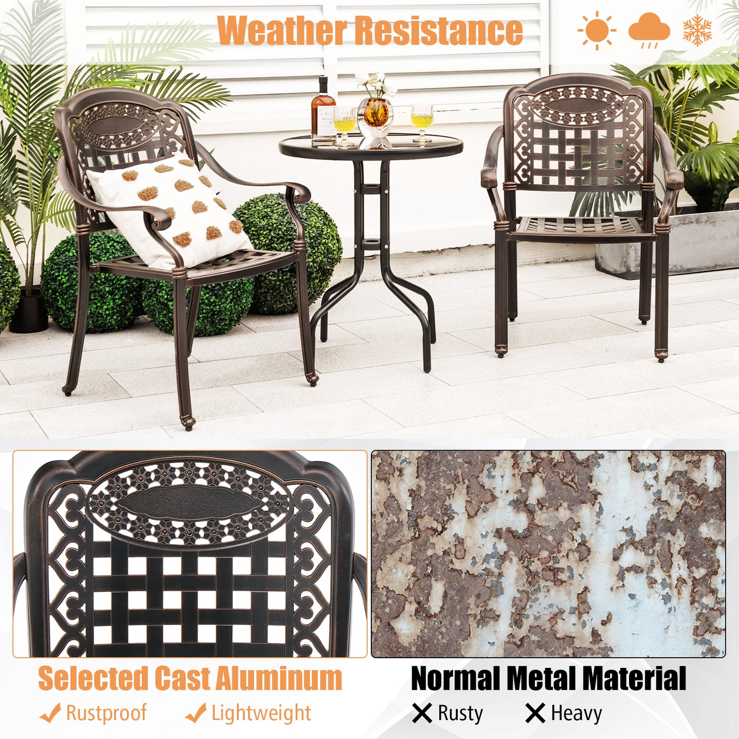 Cast Aluminum Patio Dining Chairs with Armrests, Set of 2