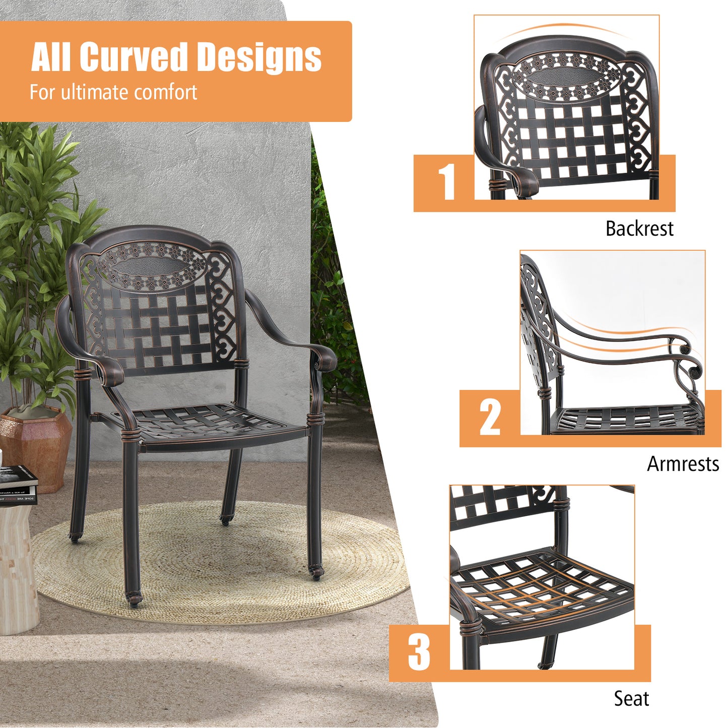 Cast Aluminum Patio Dining Chairs with Armrests, Set of 2