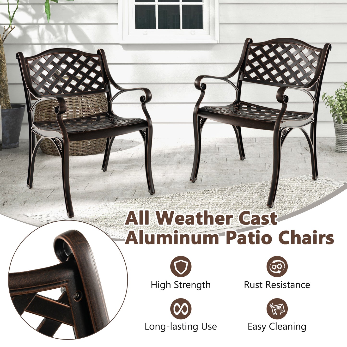 Cast Aluminum Patio Dining Chairs Set of 2 with Armrests