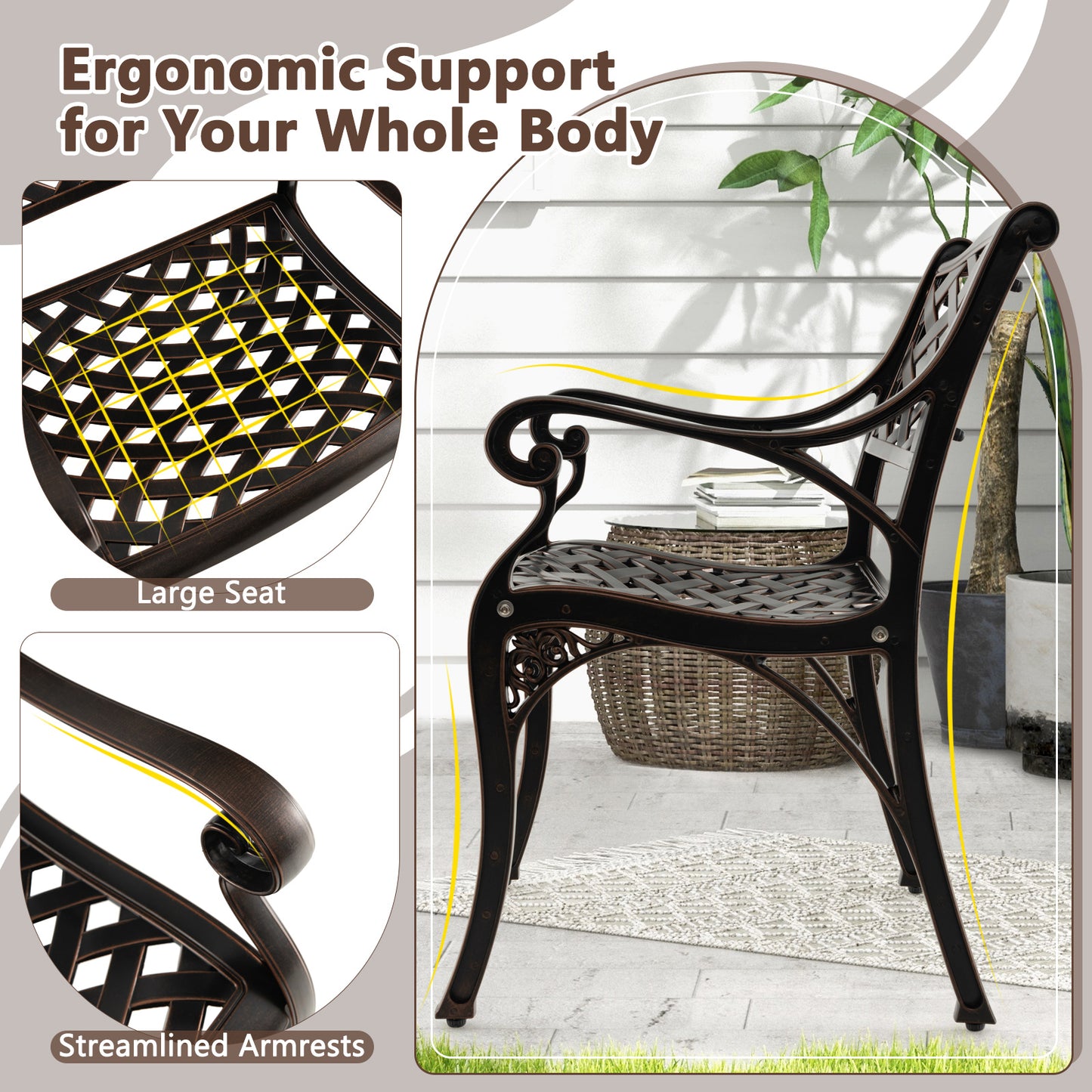 Cast Aluminum Patio Dining Chairs Set of 2 with Armrests