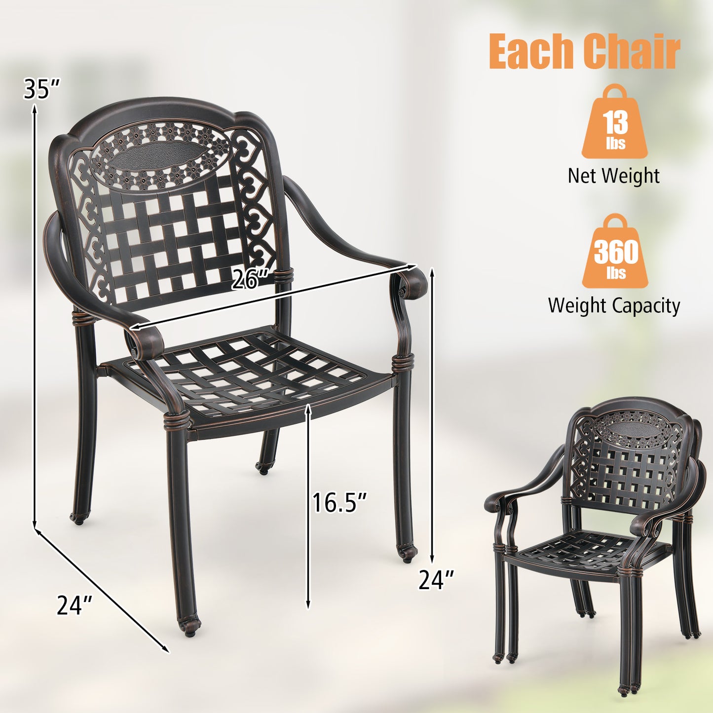 Cast Aluminum Patio Dining Chairs with Armrests, Set of 2