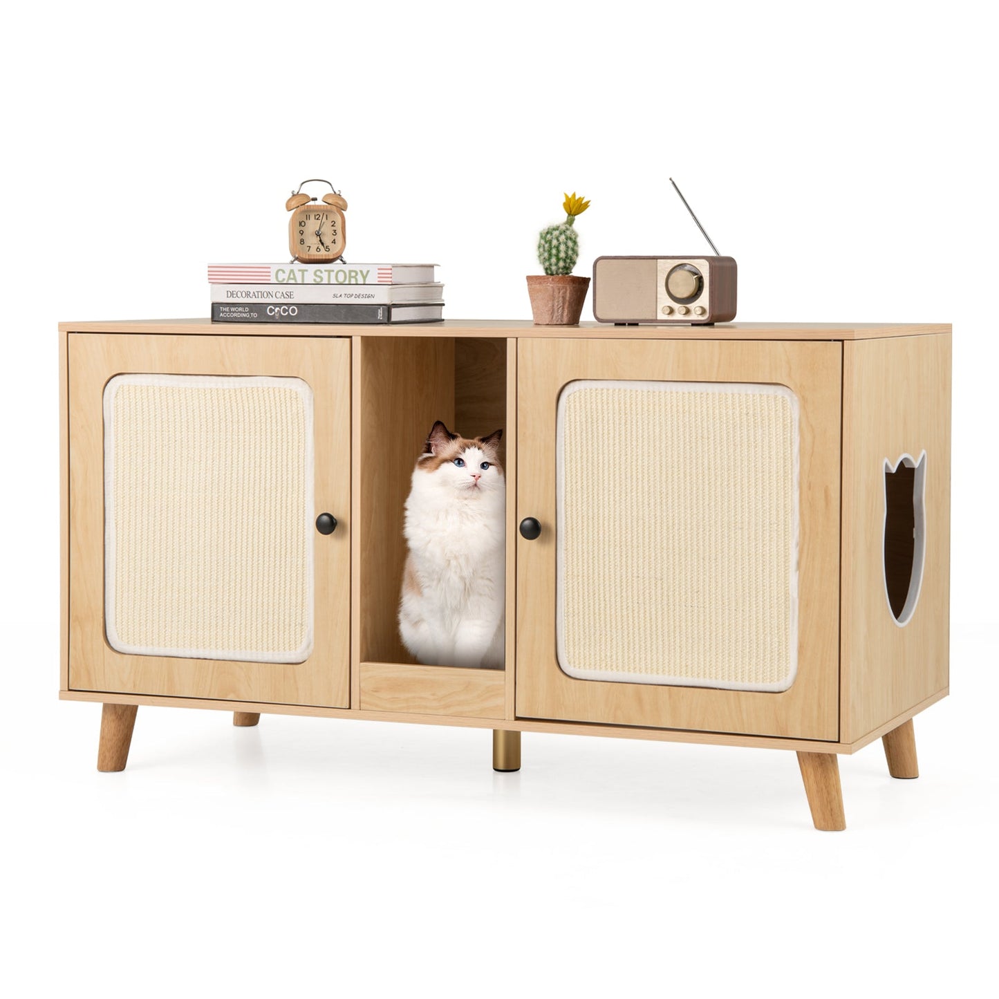 43 Inches Cat Litter Box Enclosure with Double Rooms and 2 Sisal Scratching Mats
