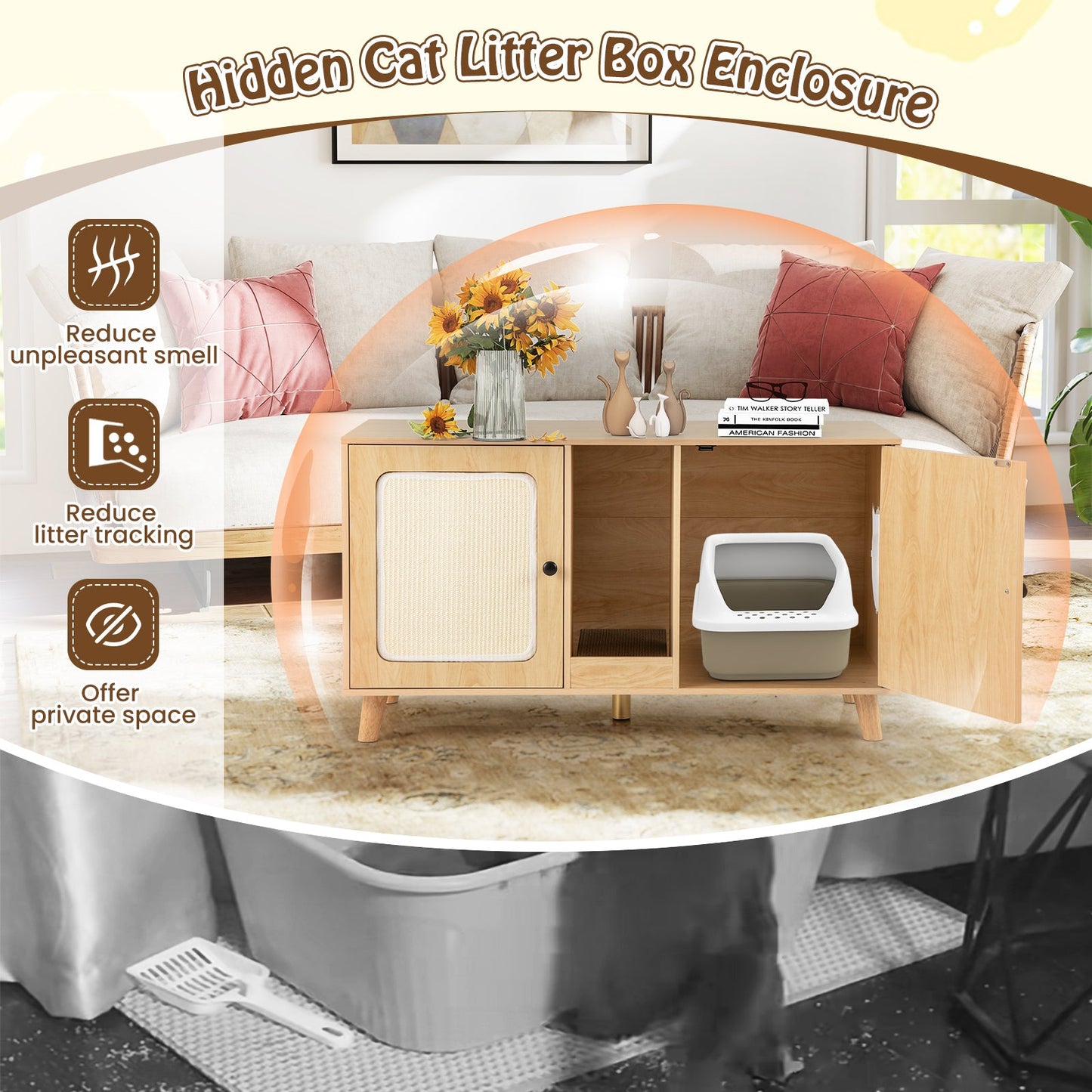 43 Inches Cat Litter Box Enclosure with Double Rooms and 2 Sisal Scratching Mats