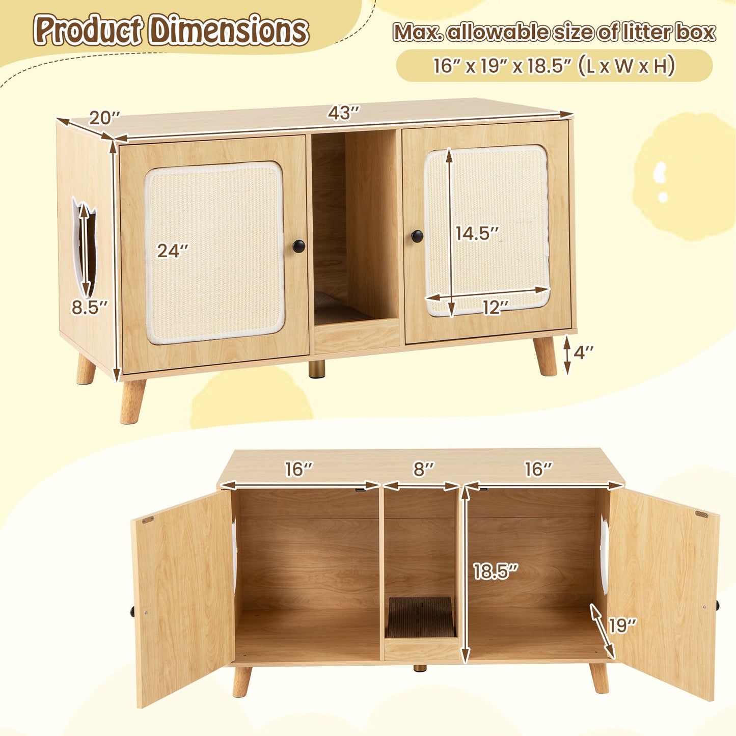 43 Inches Cat Litter Box Enclosure with Double Rooms and 2 Sisal Scratching Mats
