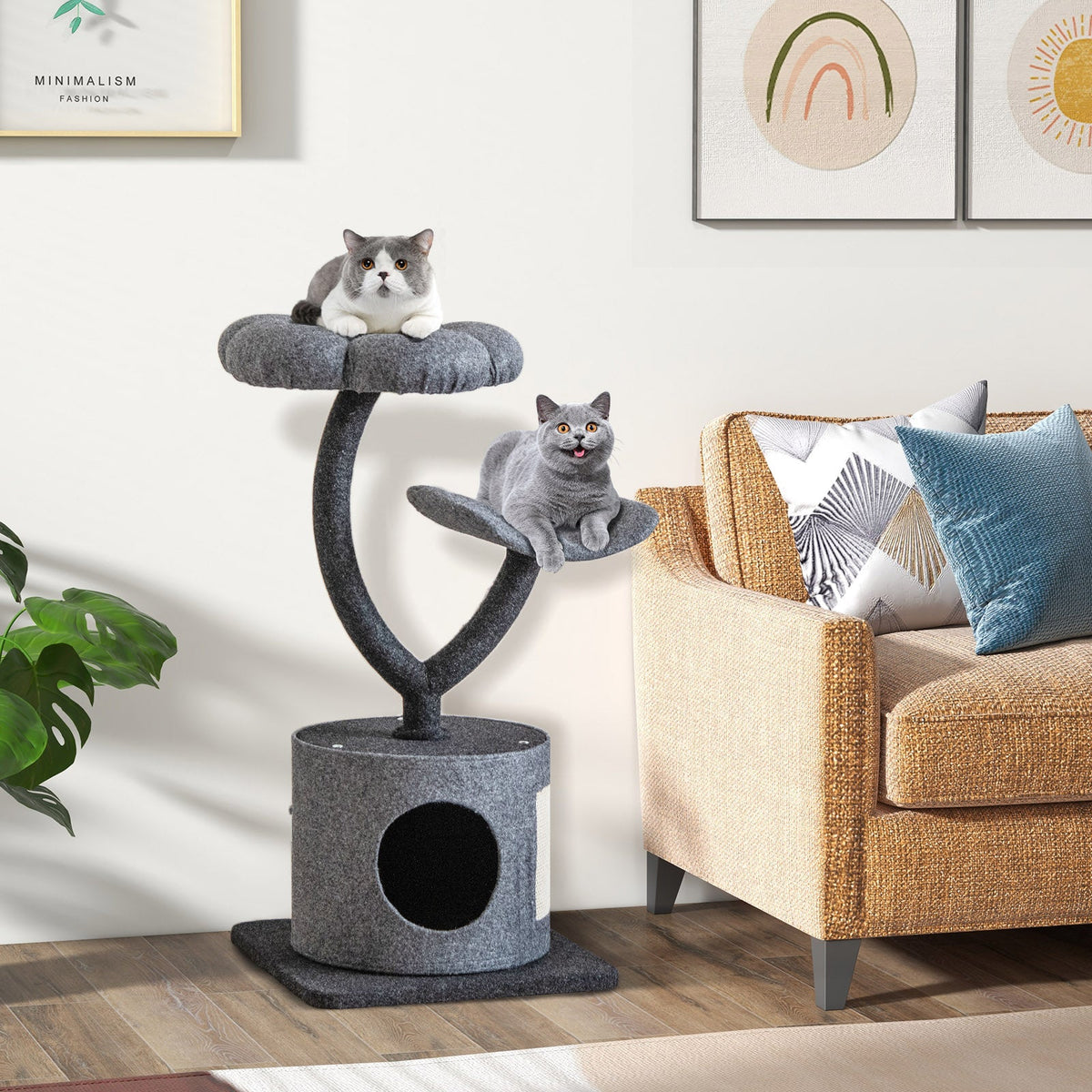 Cat Tree for Indoor Cats with Curved Metal Supporting Frame for Large & Small Cats-Gray