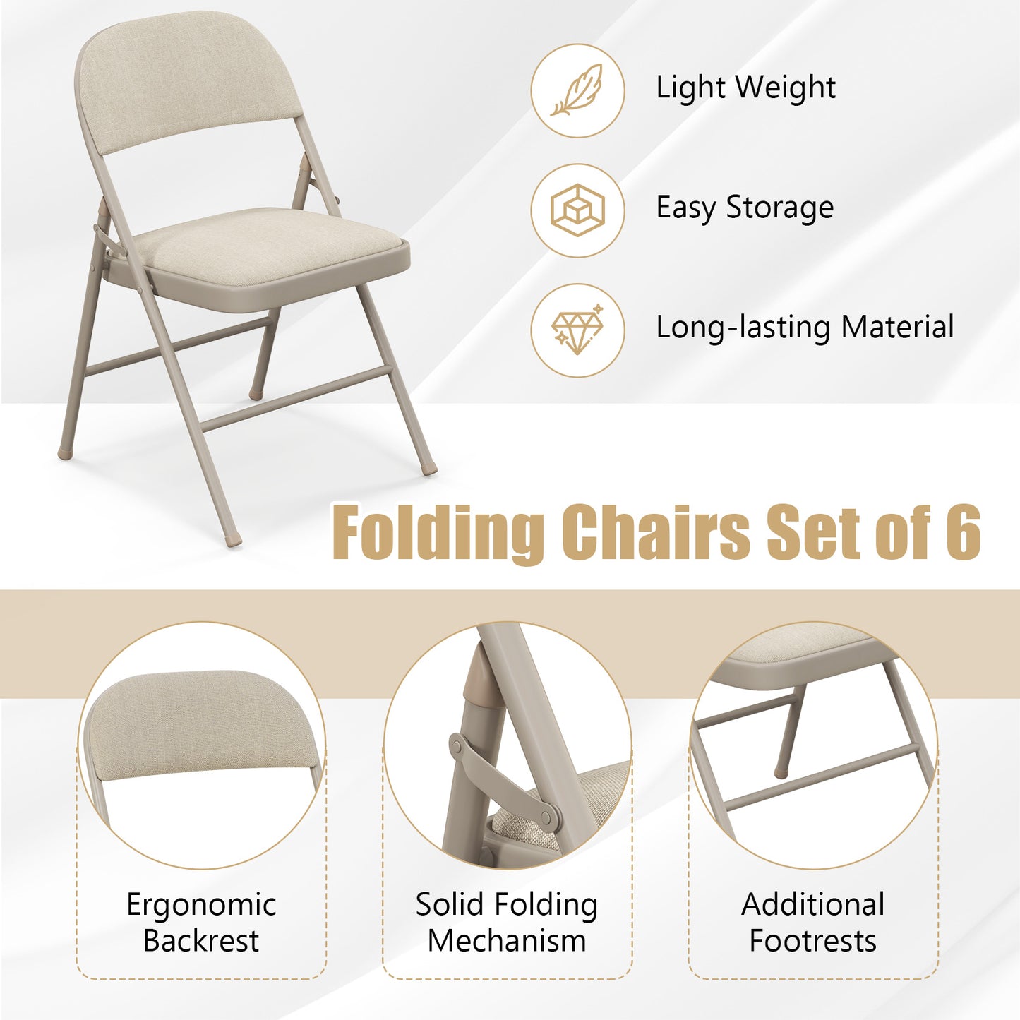 Folding Chairs Set of 6 with Padded Seats and Fabric Backrest