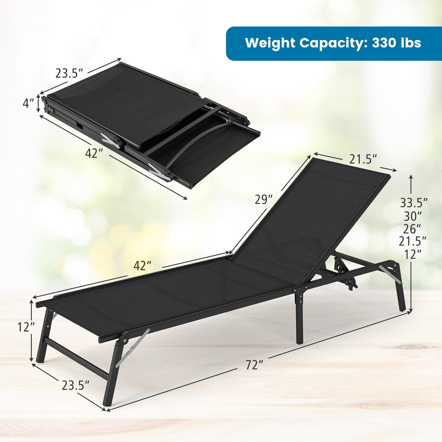 Foldable Chaise Lounge Chairs Set of 2 - Adjustable Backrest