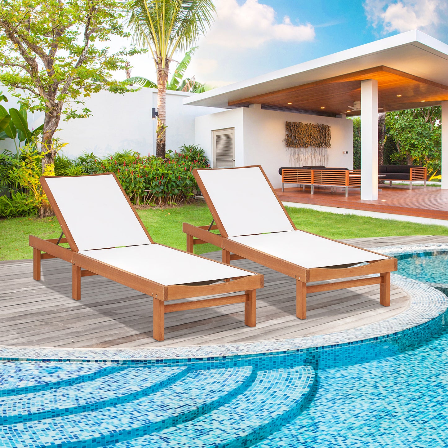 Adjustable Wood Chaise Lounge Chair with 5-Position Back
