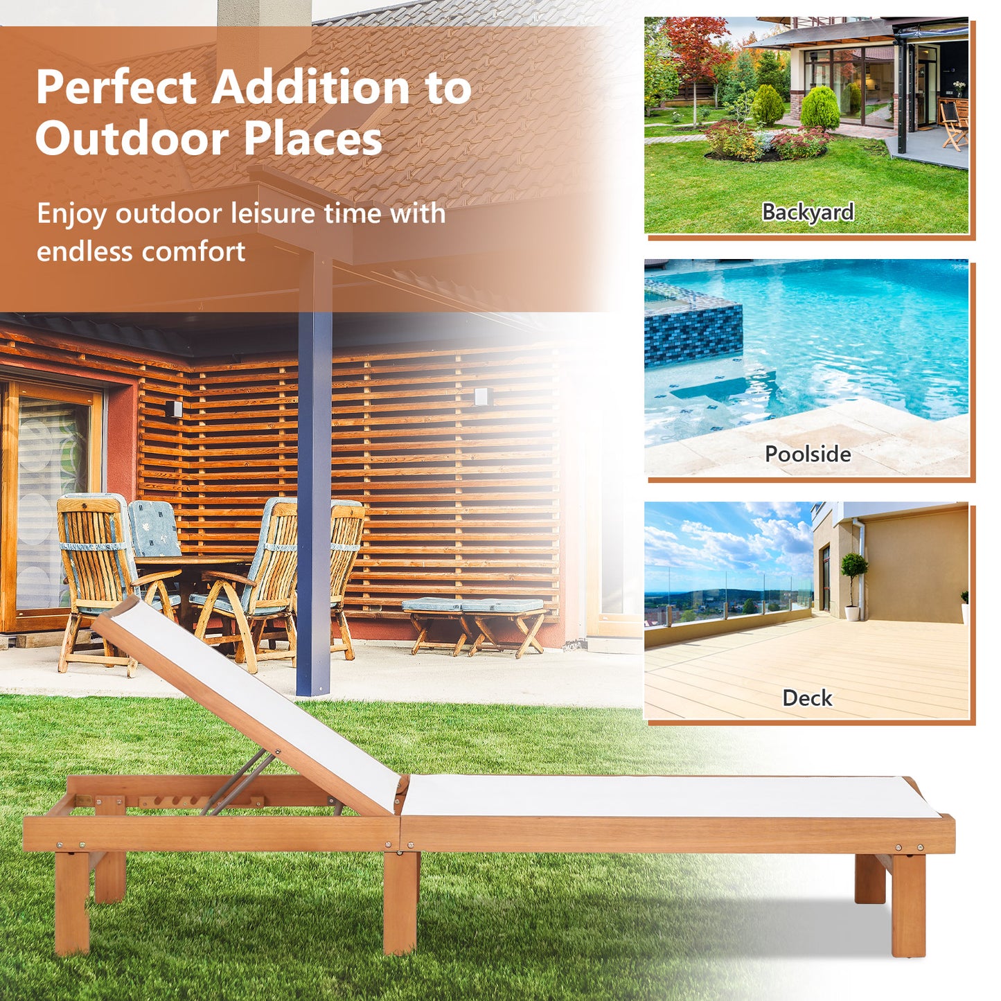 Adjustable Wood Chaise Lounge Chair with 5-Position Back