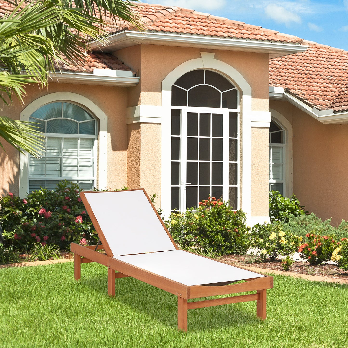 Adjustable Wood Chaise Lounge Chair with 5-Position Back