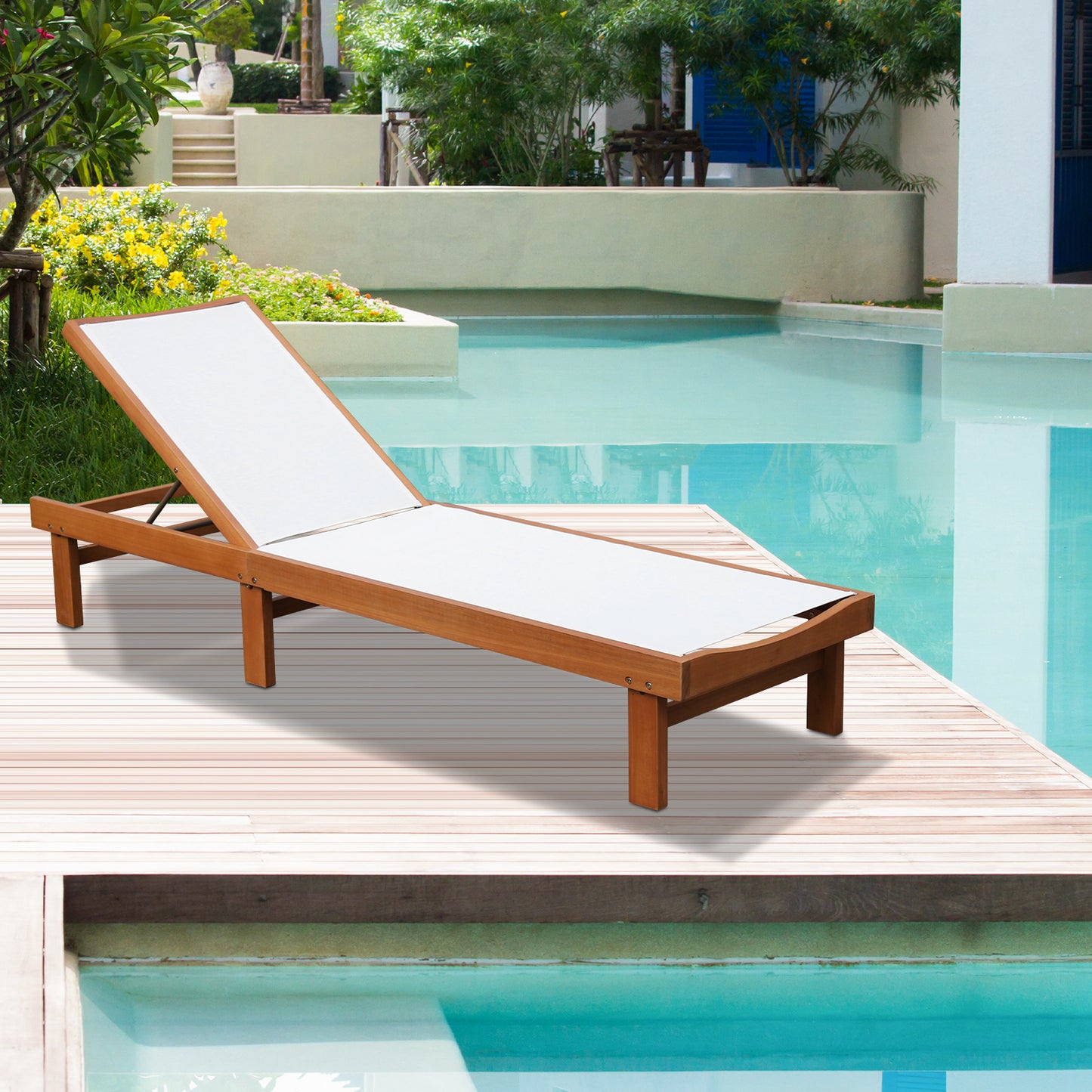 Adjustable Wood Chaise Lounge Chair with 5-Position Back