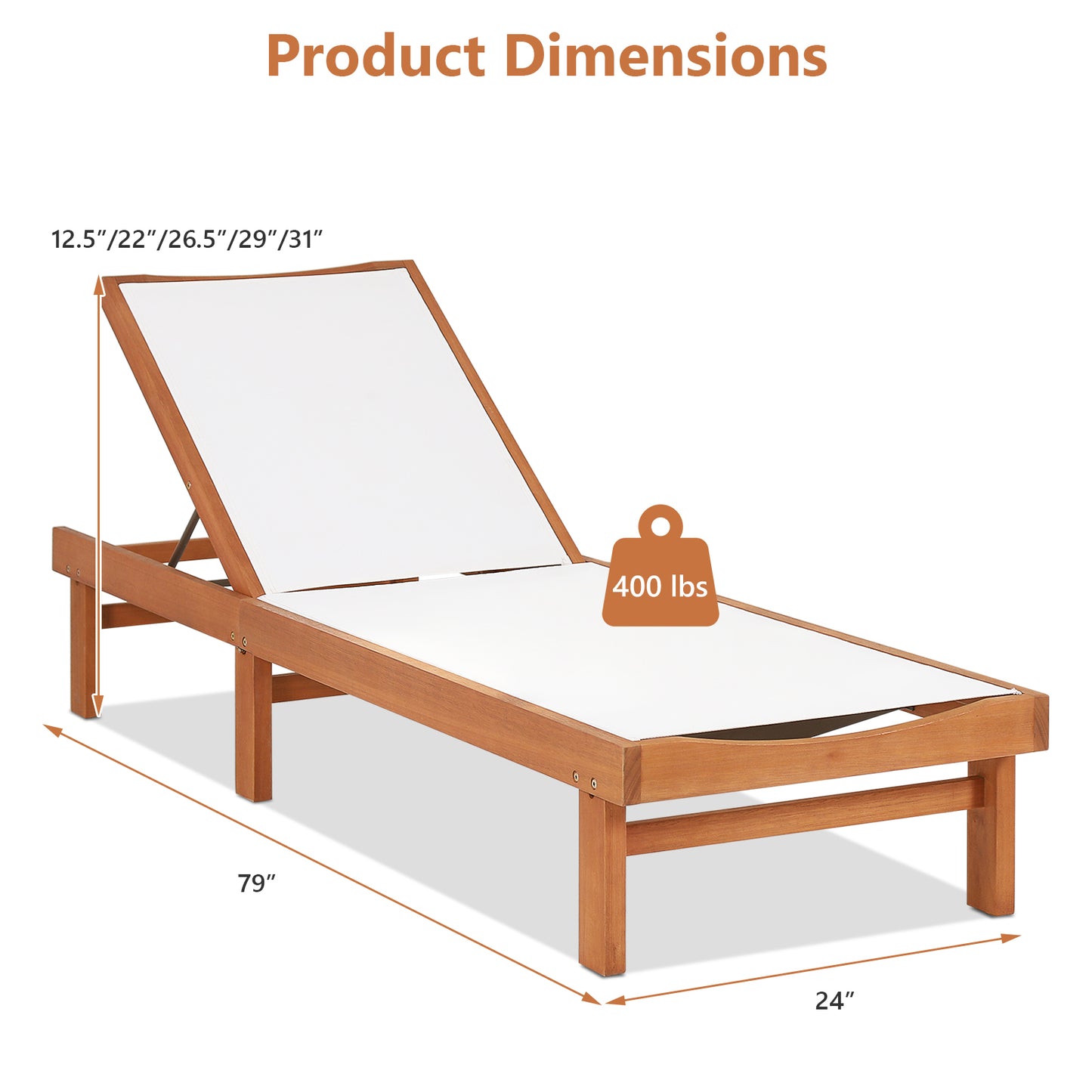 Adjustable Wood Chaise Lounge Chair with 5-Position Back