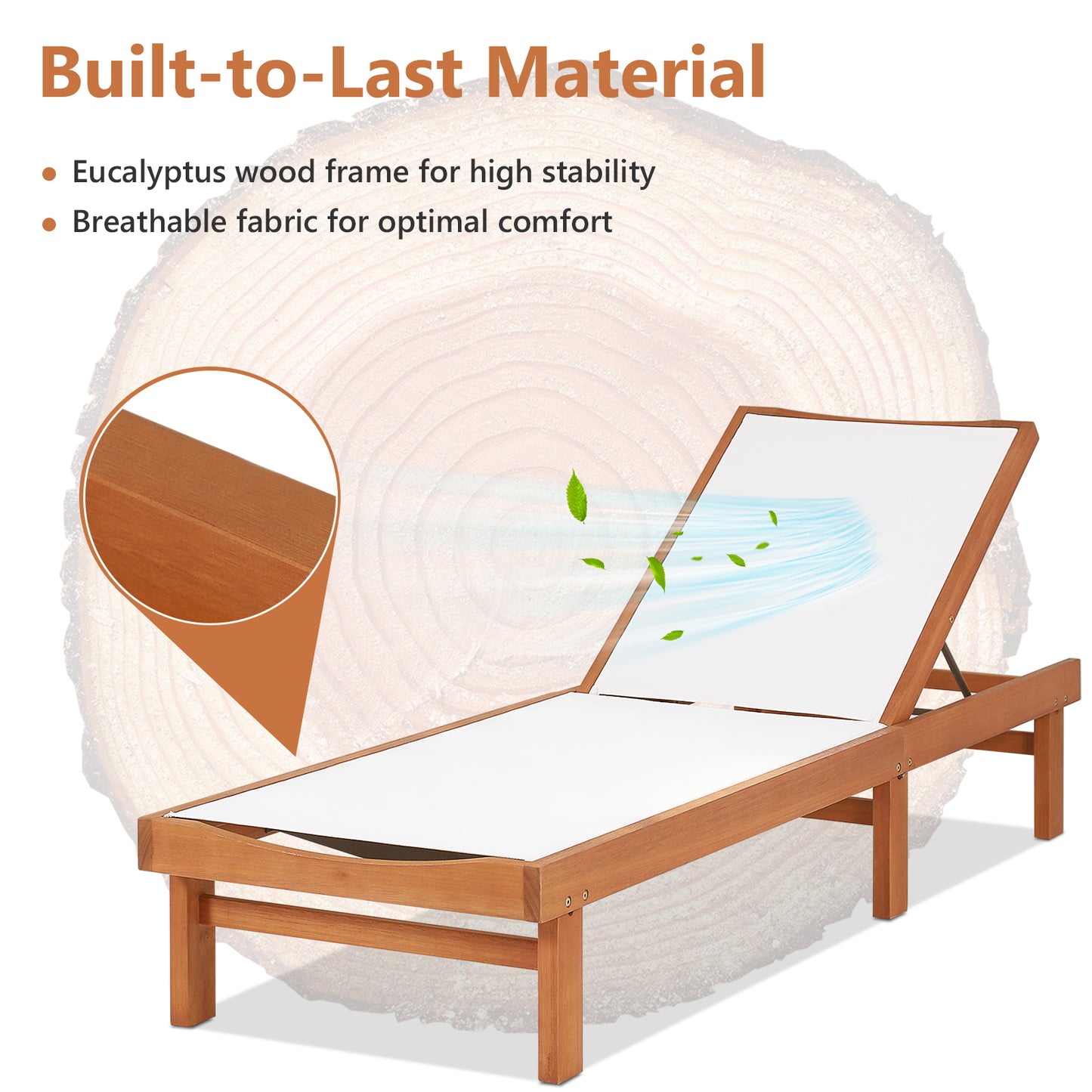 Adjustable Wood Chaise Lounge Chair with 5-Position Back