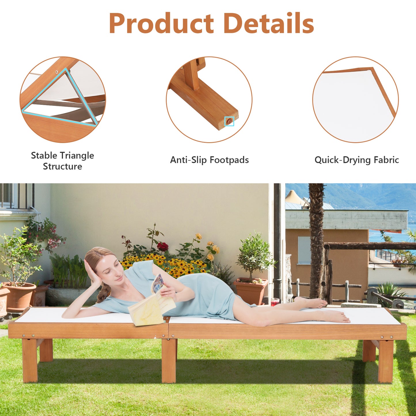Adjustable Wood Chaise Lounge Chair with 5-Position Back