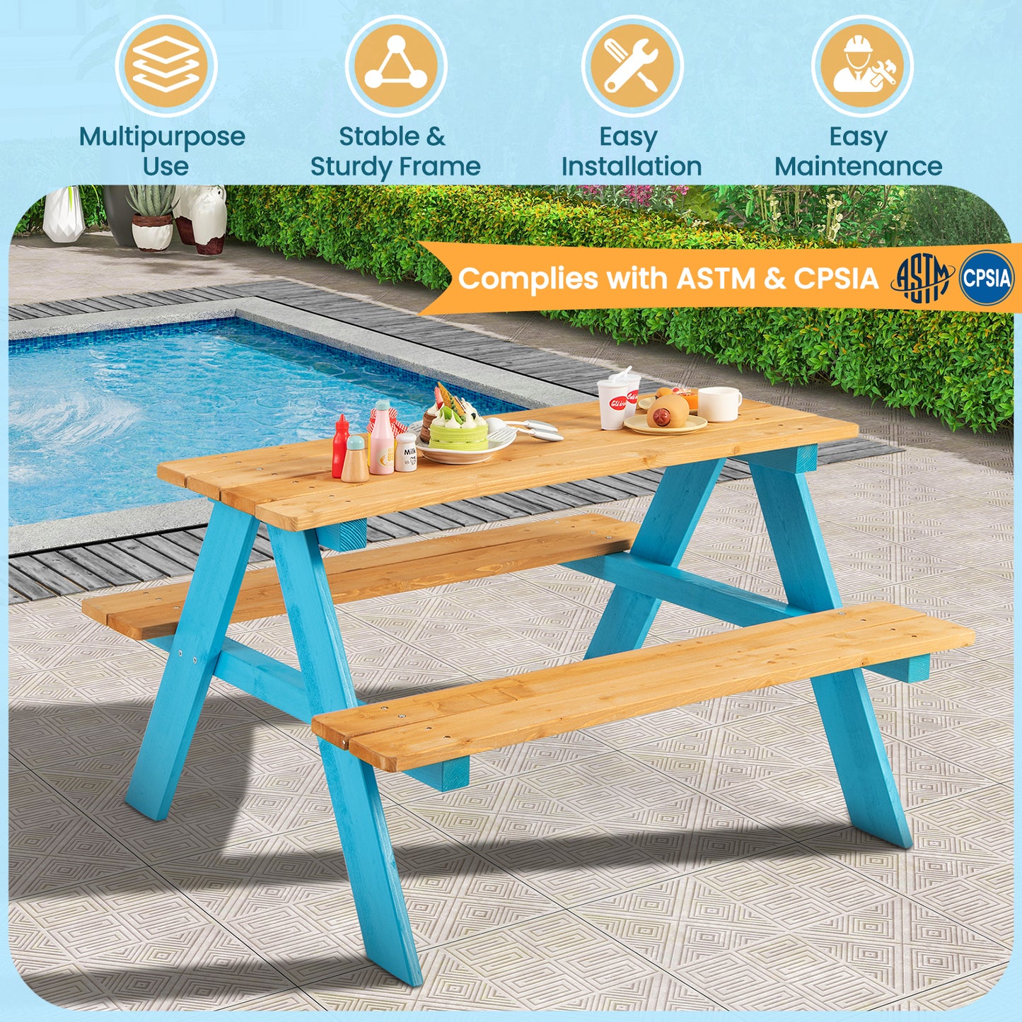 Wooden Kids Picnic Table with Benches for Indoor & Outdoor