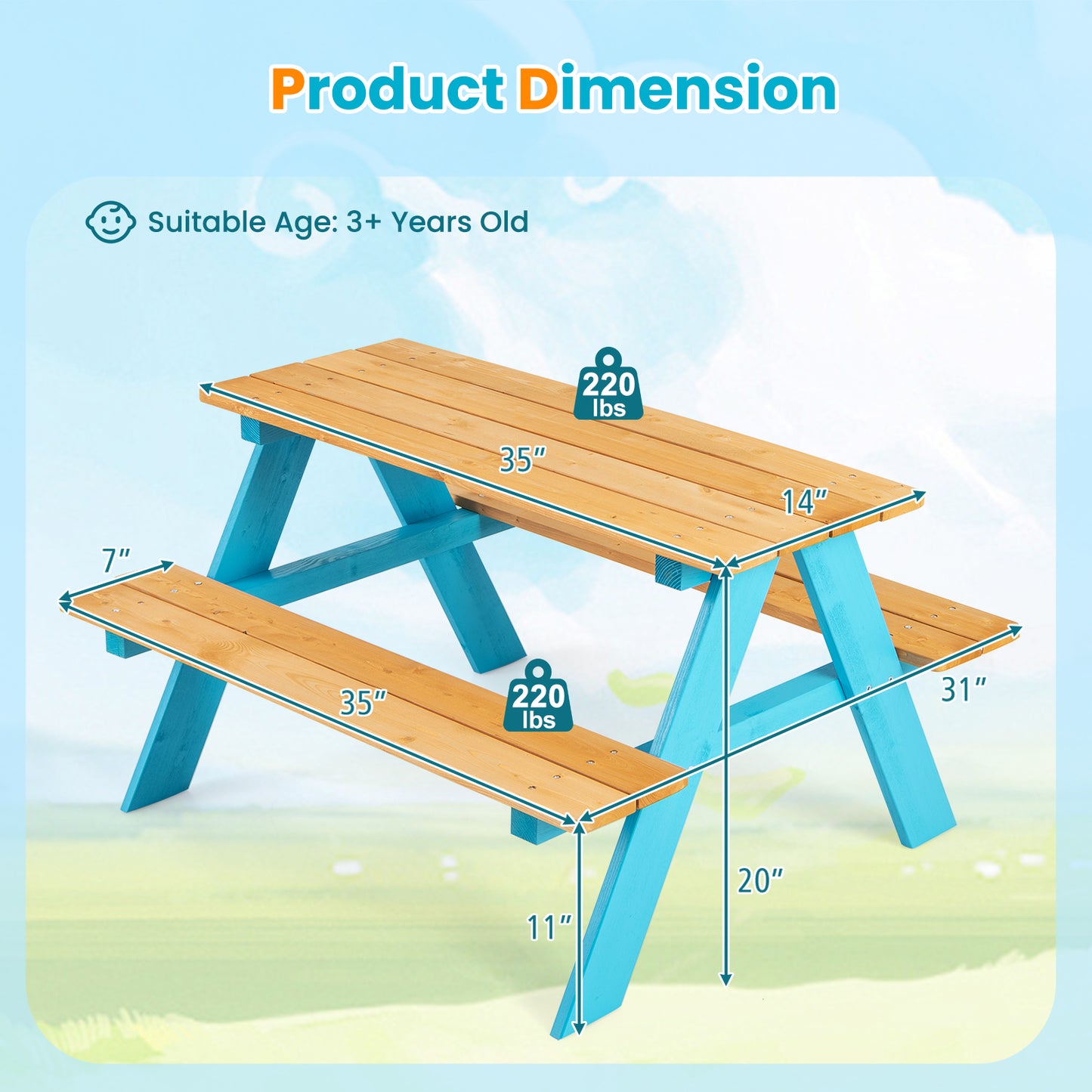 Wooden Kids Picnic Table with Benches for Indoor & Outdoor