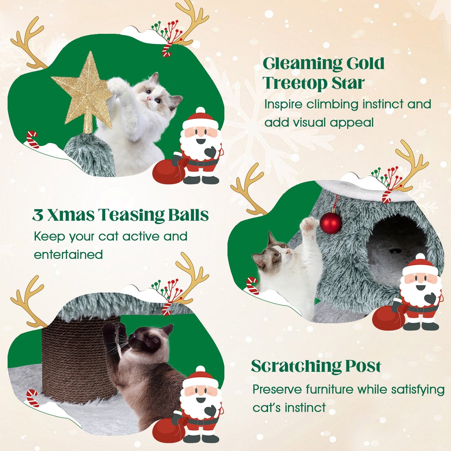 Christmas Cat Tree for Indoor Cats 48.5 inch Cute Cat Tower with 2 Large Condos Scratching Post-Green