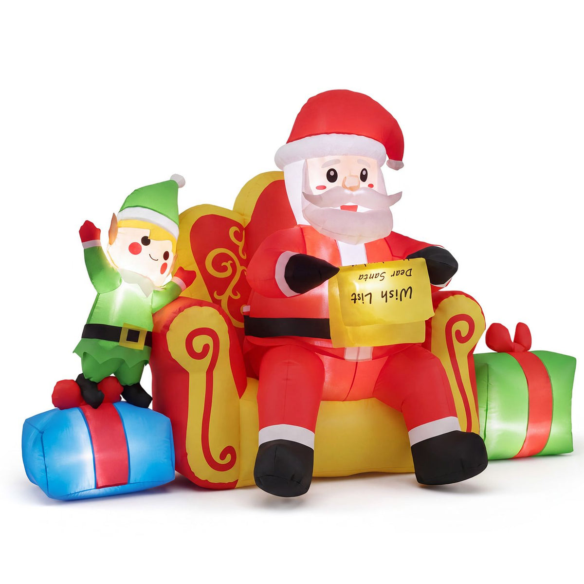 Christmas Inflatable Santa Claus on Sofa with Elf and Gift Boxes