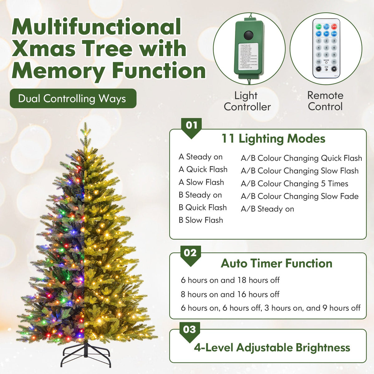 5 Feet Artificial Xmas Tree Hinged with 11 Lighting Modes and Remote Control
