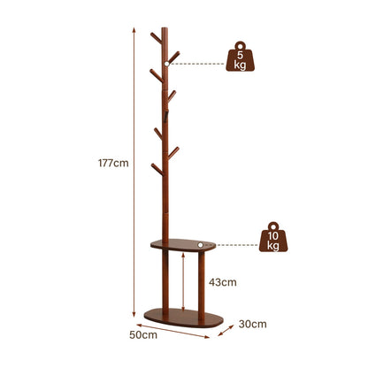 Coat Rack with 8 Hooks and 2 Shelves - Walnut Rubber Wood