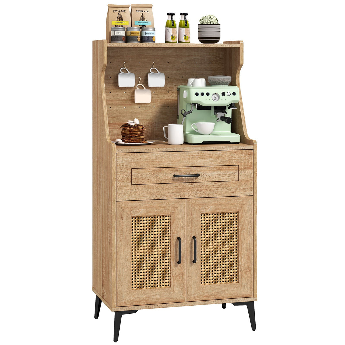 Coffee Bar Cabinet with Pegboard Storage Drawer and Adjustable Shelf-Oak