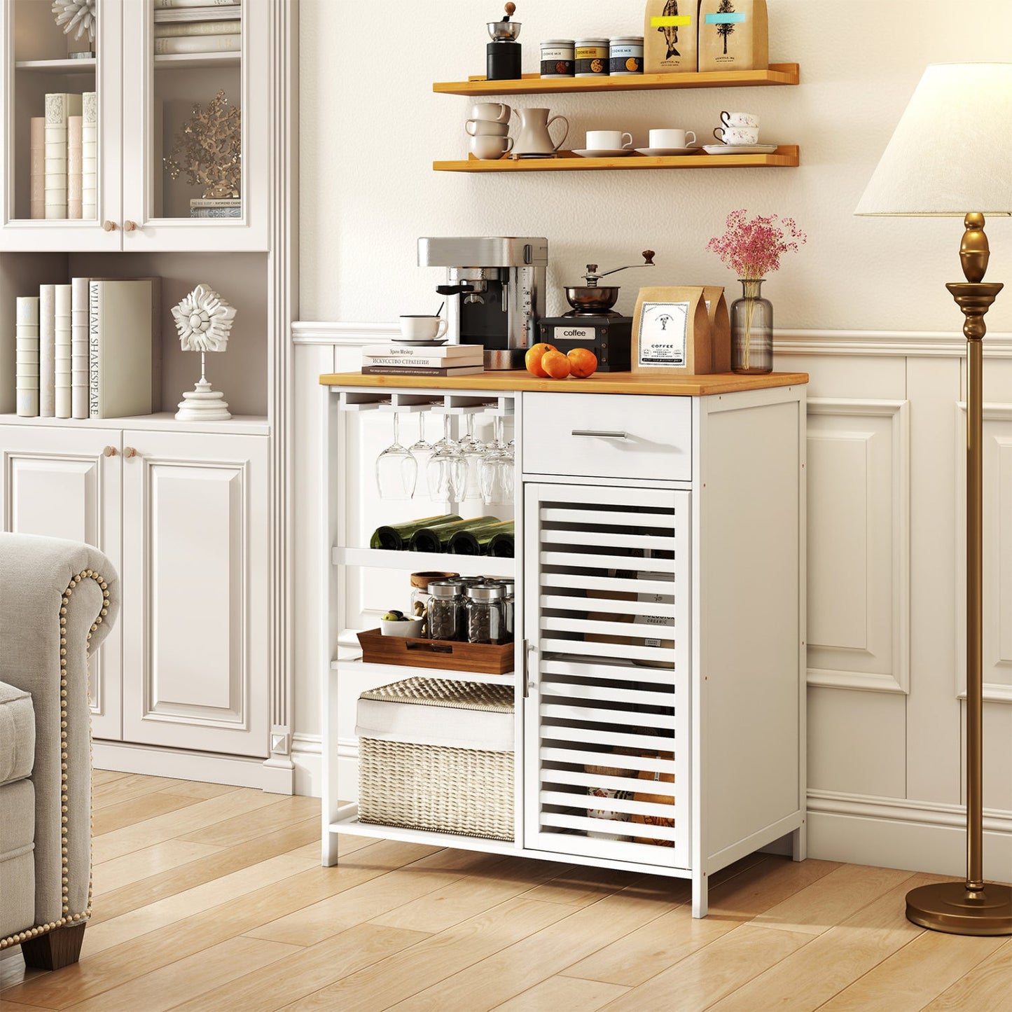 Coffee Bar Cabinet with Wine Rack and Bamboo Top
