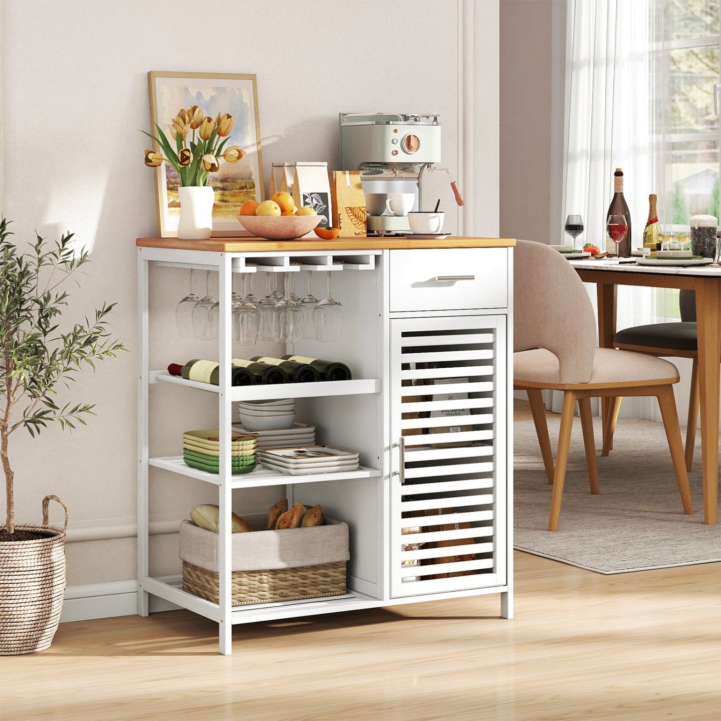 Coffee Bar Cabinet with Wine Rack and Bamboo Top